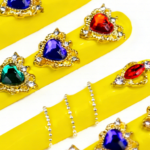 Sunset Heart-Neon Yellow Long Square Press-Ons with Rainbow Crystal Hearts - Image 6