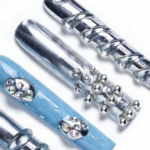 Chrome Frost – Slate Blue & Silver Long Square Press-Ons with Crystal Accents - Image 6