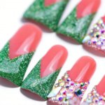 Festive Glitz – Pink & Green Glitter Long Duck Press-Ons with Crystal Clusters - Image 6