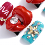 Diva Pout -Bold Multi-Color Short Duck Press-Ons with 3D Lip & Rhinestone Charms - Image 3