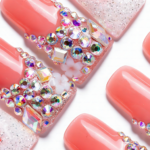 Peach Glitz – Coral & Silver Glitter Long Duck Press-Ons with Crystal Clusters - Image 6