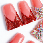 Ruby Blush – Pink & Red Glitter Long Duck Press-Ons with Iridescent Crystals - Image 6