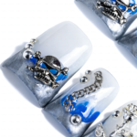 Chrome Vortex-Blue & Silver Short Duck Press-Ons with 3D Chain & Metal Accents - Image 6