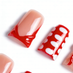 Crimson Bow-Nude & Red Short Duck Press-Ons with 3D Bow & Lace Accents - Image 6