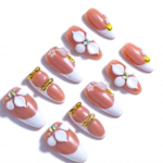 Peach Whisper -Soft Peach Short Almond Press-Ons with 3D Flower, Gold Bow & French Tip Detail - Image 7