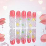 Blossom Glitz -Soft Coral Short Curved Press-Ons with Micro Floral & Iridescent Glitter - Image 7