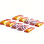 Sunset Blossom – Pink & Gold Long Duck Press-Ons with Crystal & Floral Accents - Image 7