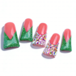 Festive Glitz – Pink & Green Glitter Long Duck Press-Ons with Crystal Clusters - Image 7