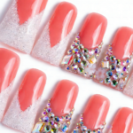 Peach Glitz – Coral & Silver Glitter Long Duck Press-Ons with Crystal Clusters - Image 7