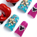 Diva Pout -Bold Multi-Color Short Duck Press-Ons with 3D Lip & Rhinestone Charms - Image 4