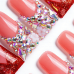 Ruby Blush – Pink & Red Glitter Long Duck Press-Ons with Iridescent Crystals - Image 7