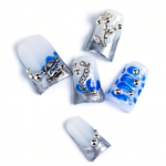 Chrome Vortex-Blue & Silver Short Duck Press-Ons with 3D Chain & Metal Accents - Image 7