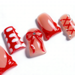 Crimson Bow-Nude & Red Short Duck Press-Ons with 3D Bow & Lace Accents - Image 7