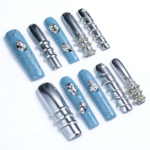 Chrome Frost – Slate Blue & Silver Long Square Press-Ons with Crystal Accents - Image 8