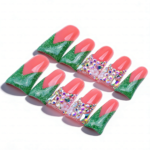 Festive Glitz – Pink & Green Glitter Long Duck Press-Ons with Crystal Clusters - Image 8