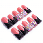 Crimson Noir – Pink & Black Glitter Long Duck Press-Ons with Crystal Accents - Image 8