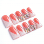 Peach Glitz – Coral & Silver Glitter Long Duck Press-Ons with Crystal Clusters - Image 8