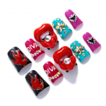 Diva Pout -Bold Multi-Color Short Duck Press-Ons with 3D Lip & Rhinestone Charms - Image 5