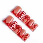 Crimson Bow-Nude & Red Short Duck Press-Ons with 3D Bow & Lace Accents - Image 8