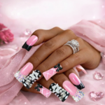 Pink Diamond French – Long Duck Press-Ons with Crystal Floral Accents - Image 2