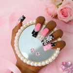 Pink Diamond French – Long Duck Press-Ons with Crystal Floral Accents - Image 5