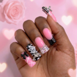 Pink Diamond French – Long Duck Press-Ons with Crystal Floral Accents - Image 6