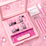 Pink Diamond French – Long Duck Press-Ons with Crystal Floral Accents - Image 7